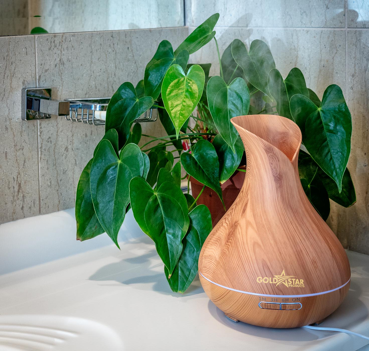 Amazon product photography sample of lifestyle product photography with diffuser large open on bathroom close to plant