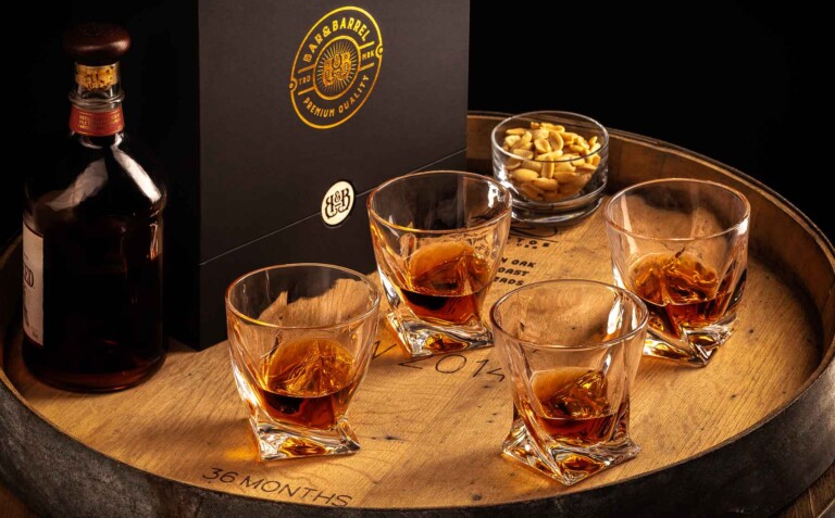 Bar&Barrel Whisky Cup group of 4 slim on barrel - Advertising product photography sample