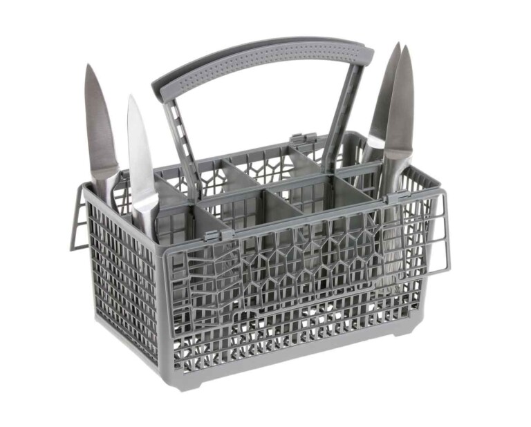 Product photography of small products - Dishwasher basket fully open side view with knifes