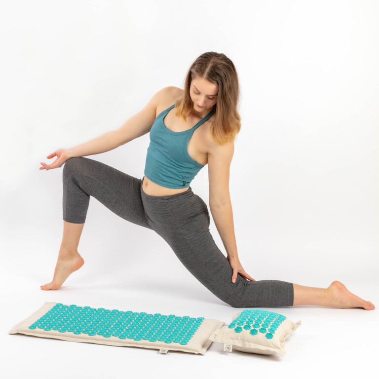 Be Zen exercise on side of mat - Lifestyle product photography with model